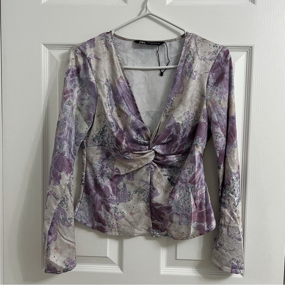 ZARA (XS) Artsy Y2K Party Purple White Marble V-neck Buttoned Long Sleeve Blouse - Picture 1 of 6